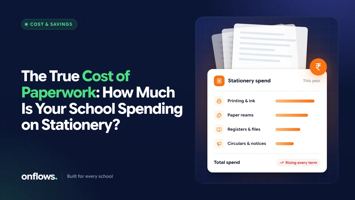 Stack of paper and a stationery spend card showing printing, paper, registers and circulars costs rising every term