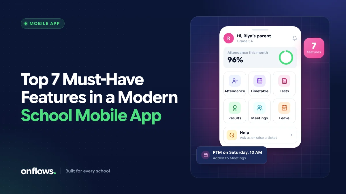 School mobile app home screen with attendance, timetable, tests, results, meetings, leave and help