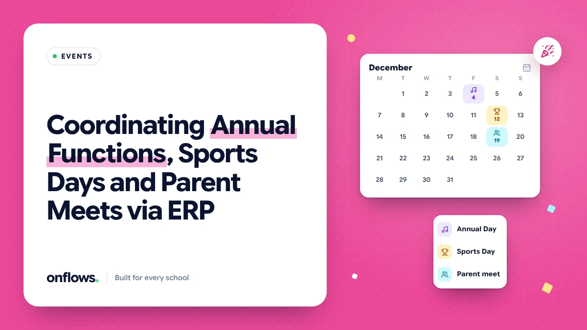 December event calendar marking Annual Day, Sports Day and a parent meet